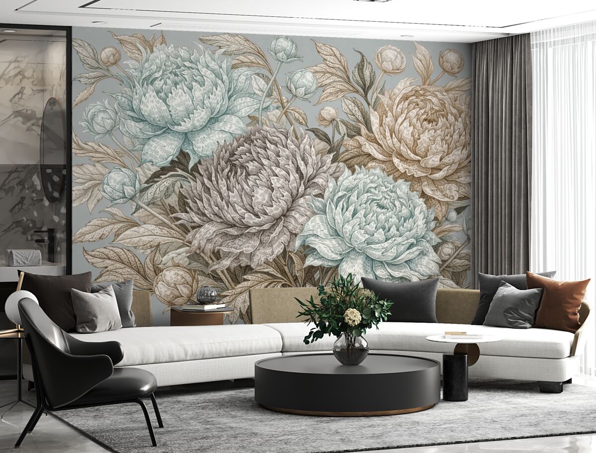 Fototapeta Szczegółowy wzór kwiatowy z dużymi piwoniami oraz liśćmi w kolorach niebieskiego, beżowego i brązowego.