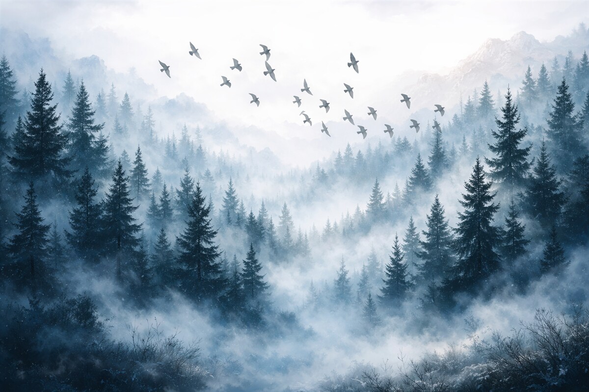 Fototapeta Cisza, mglisty las z drzewami w tonacjach niebieskiego oraz grupą ptaków przelatujących przez niebo.