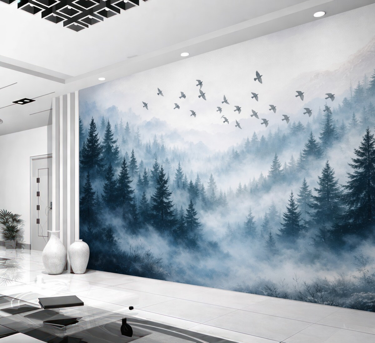 Fototapeta Cisza, mglisty las z drzewami w tonacjach niebieskiego oraz grupą ptaków przelatujących przez niebo.