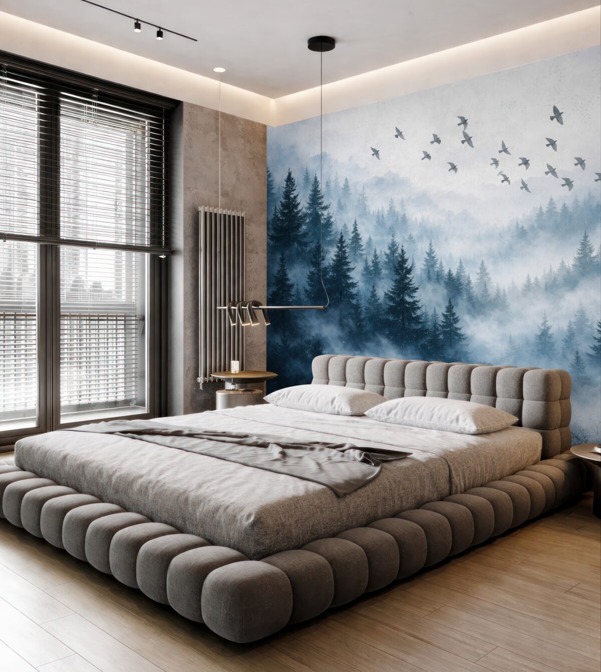 Fototapeta Cisza, mglisty las z drzewami w tonacjach niebieskiego oraz grupą ptaków przelatujących przez niebo.