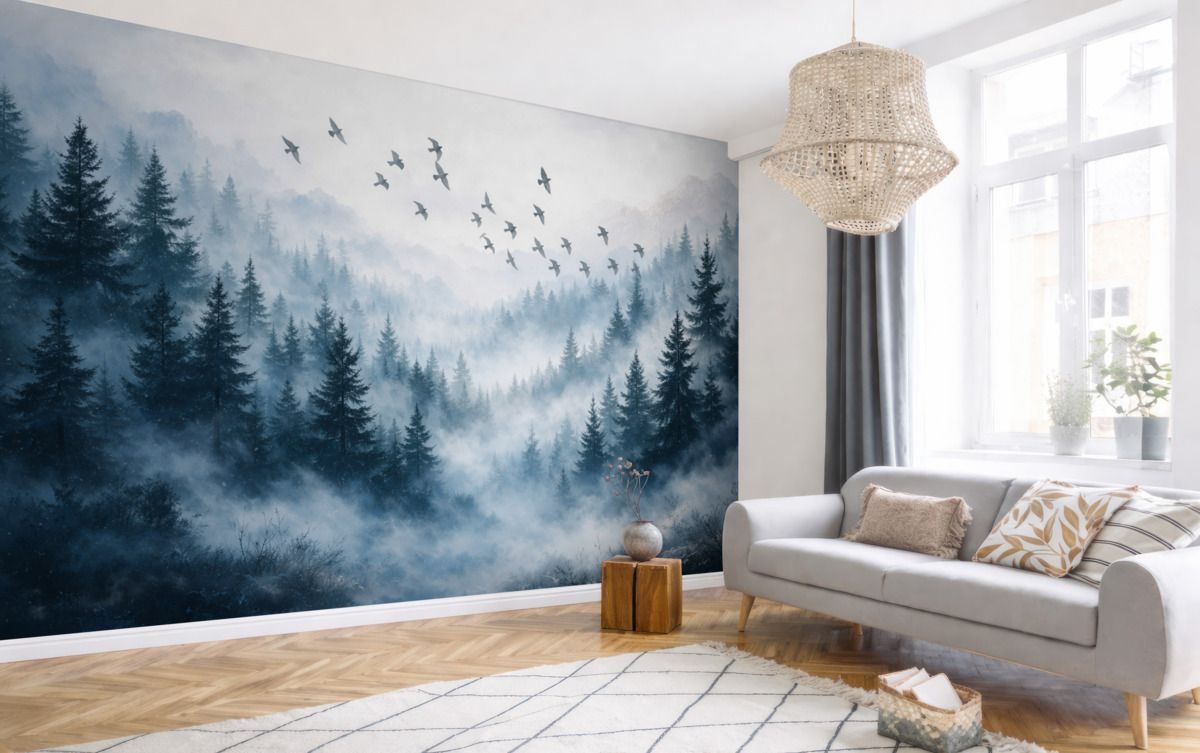 Fototapeta Cisza, mglisty las z drzewami w tonacjach niebieskiego oraz grupą ptaków przelatujących przez niebo.