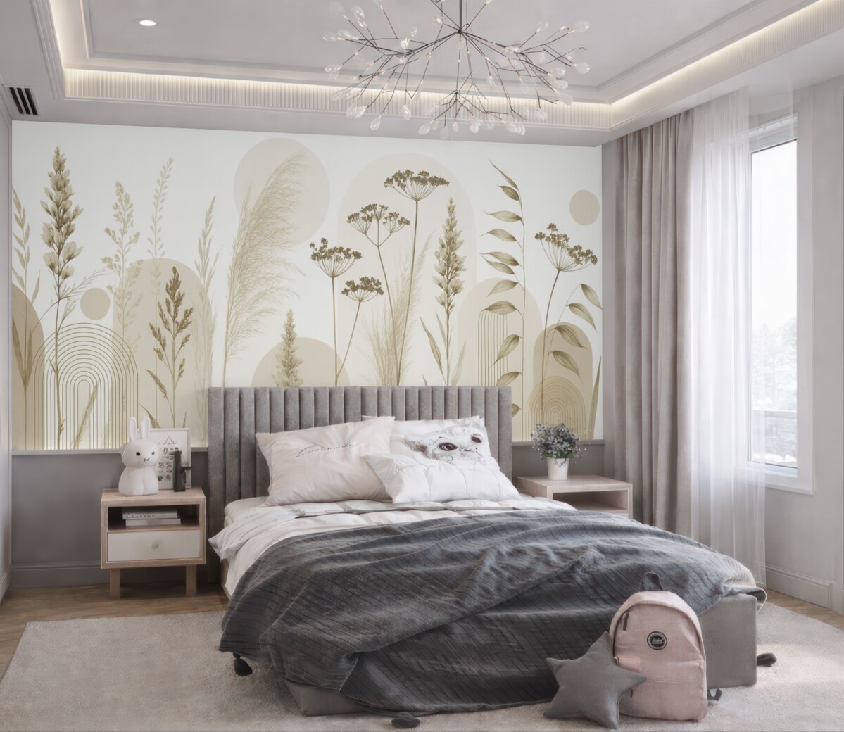 Fototapeta Zbiór roślin oraz kwiatów w stonowanych barwach na abstrakcyjnym tle łuku w subtelnych tonacjach beżowych i brązowych.