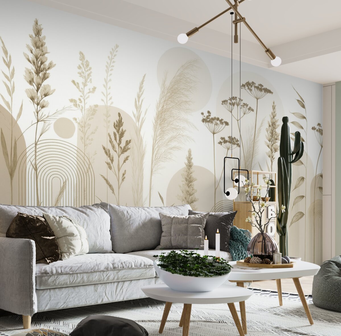 Fototapeta Zbiór roślin oraz kwiatów w stonowanych barwach na abstrakcyjnym tle łuku w subtelnych tonacjach beżowych i brązowych.