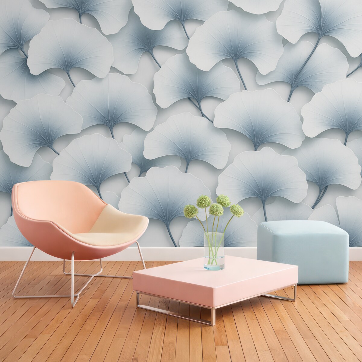 Fototapeta Jasnoniebieskie liście miłorzębu z gładkimi gradientami i subtelnymi żyłkami, zachodzące na siebie.