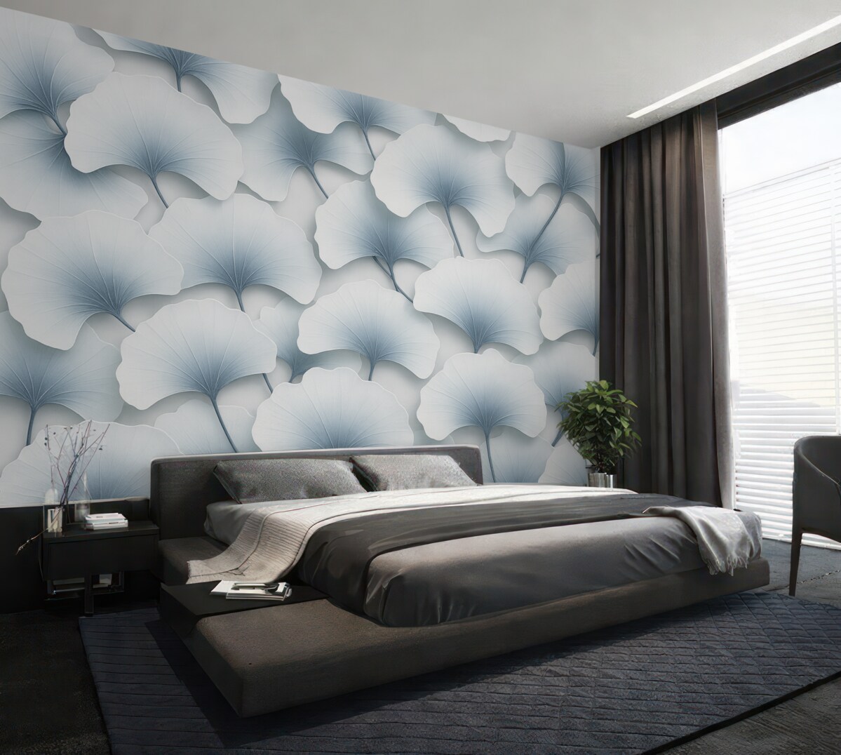 Fototapeta Jasnoniebieskie liście miłorzębu z gładkimi gradientami i subtelnymi żyłkami, zachodzące na siebie.