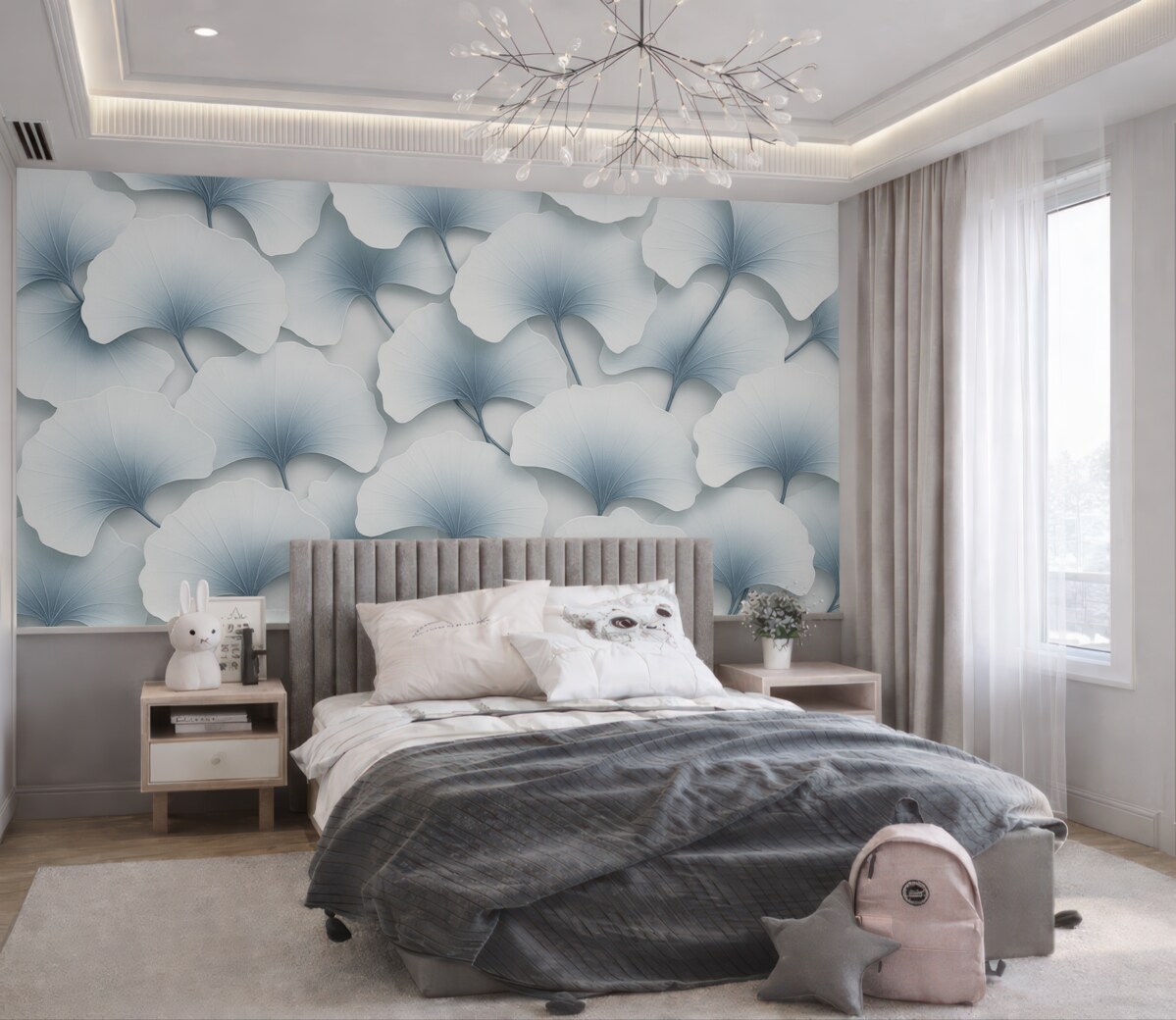 Fototapeta Jasnoniebieskie liście miłorzębu z gładkimi gradientami i subtelnymi żyłkami, zachodzące na siebie.