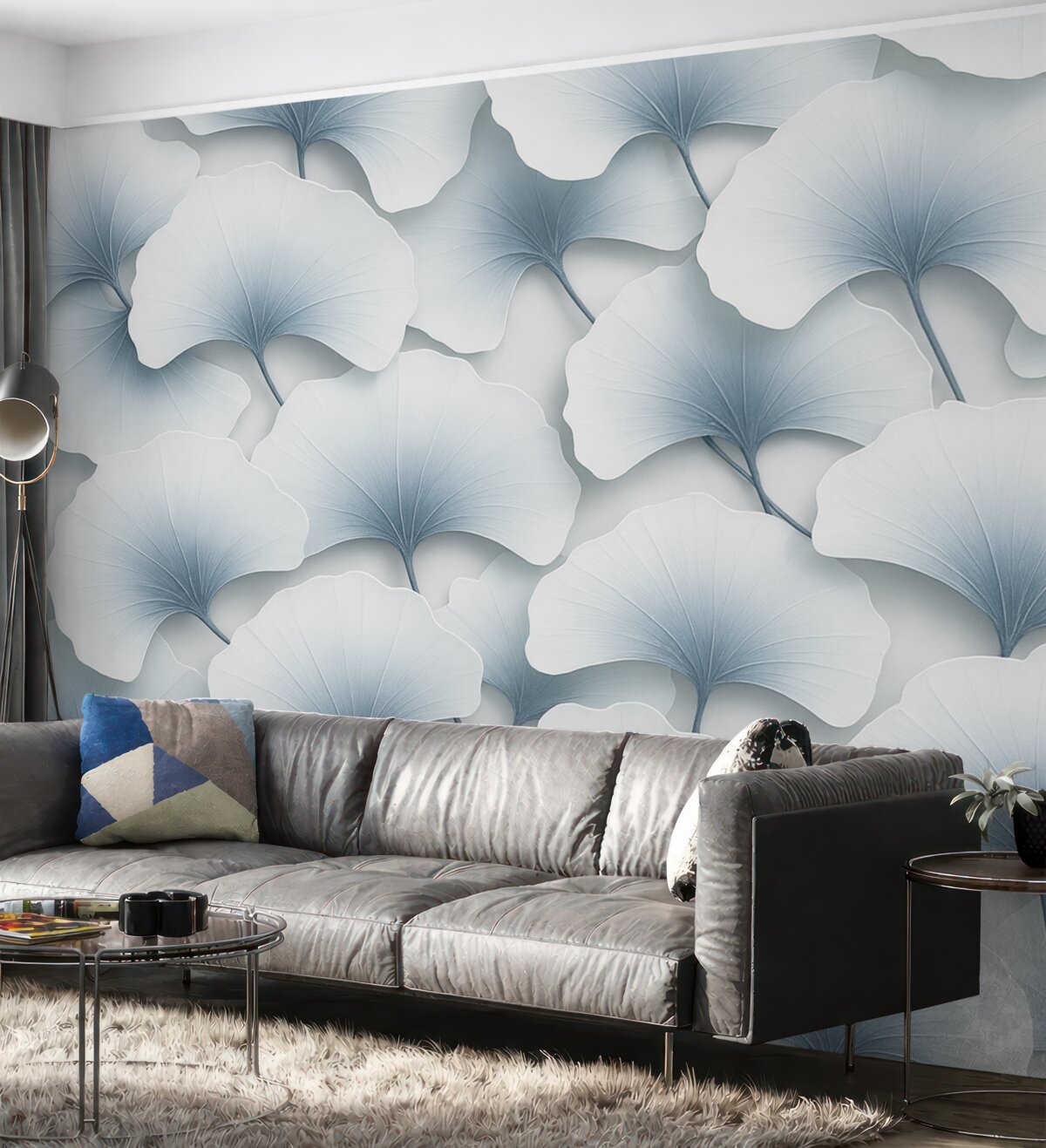 Fototapeta Jasnoniebieskie liście miłorzębu z gładkimi gradientami i subtelnymi żyłkami, zachodzące na siebie.