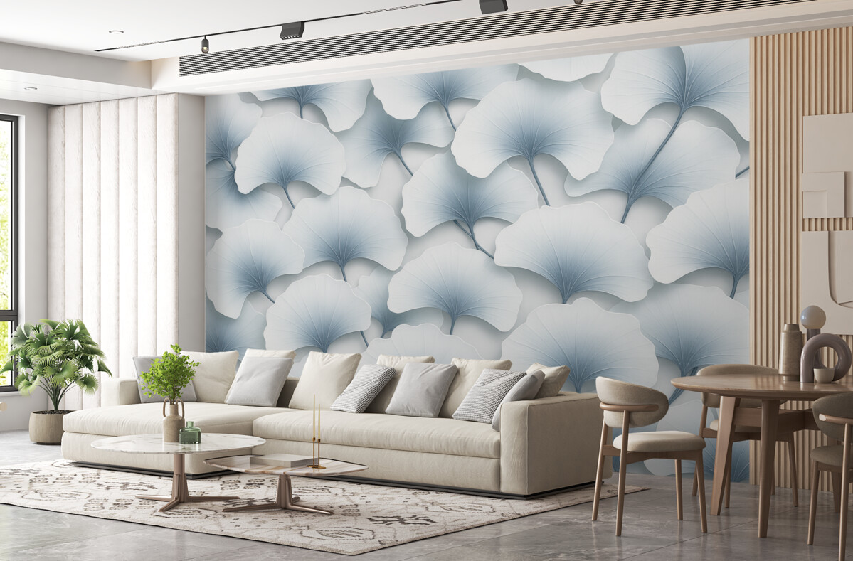 Fototapeta Jasnoniebieskie liście miłorzębu z gładkimi gradientami i subtelnymi żyłkami, zachodzące na siebie.