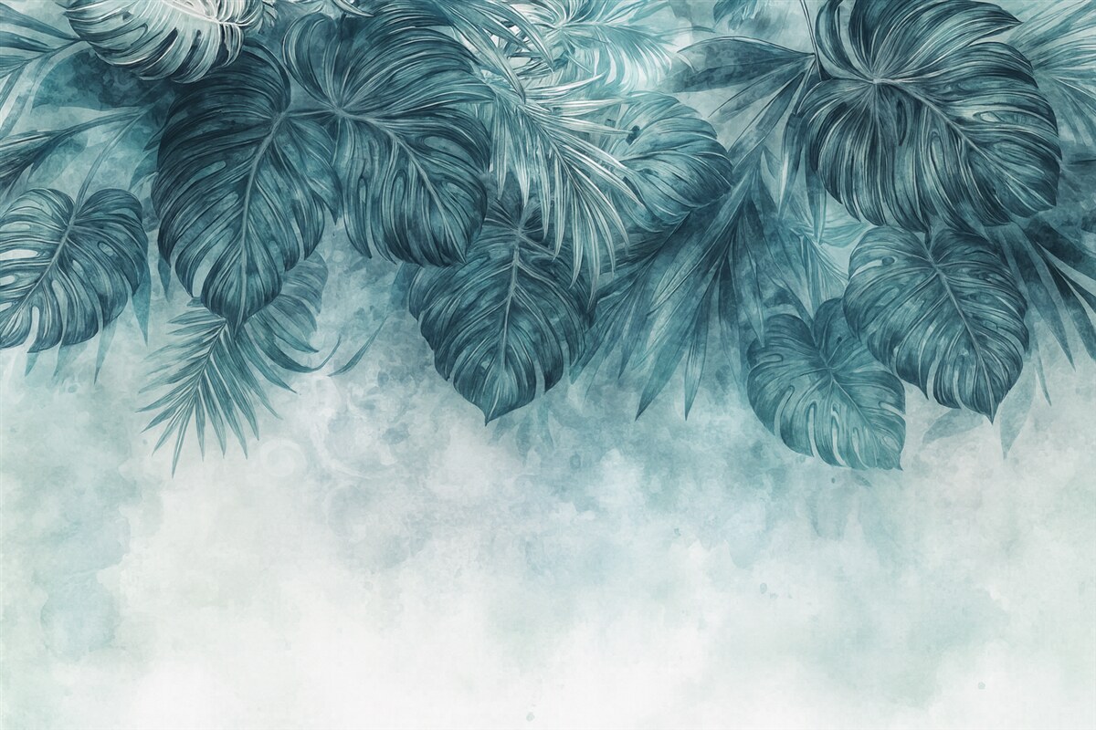 Fototapeta Tropikalne liście w barwach turkusu i zieleni, kaskadowo opadające z wysokości, na jasnym, fakturowanym tle.