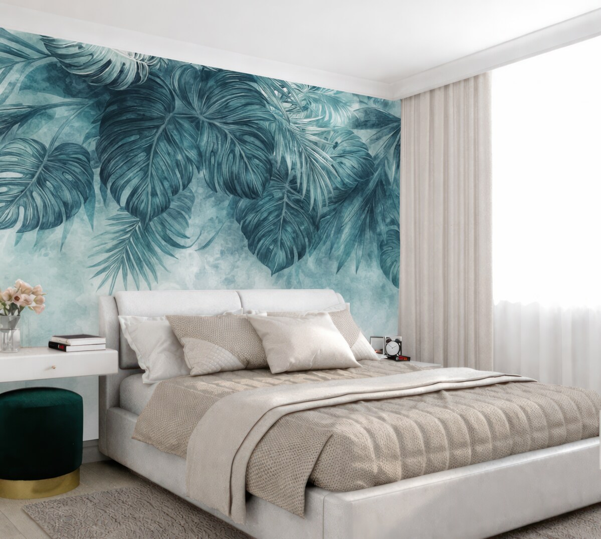 Fototapeta Tropikalne liście w barwach turkusu i zieleni, kaskadowo opadające z wysokości, na jasnym, fakturowanym tle.