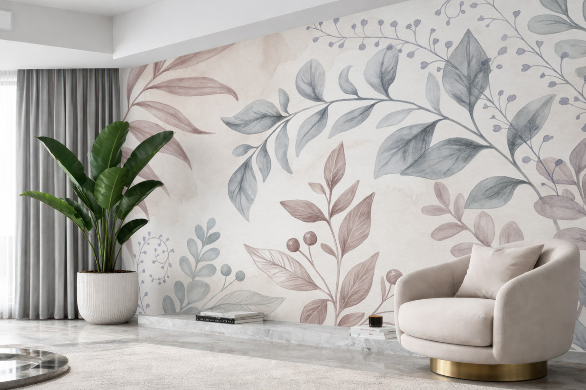 Fototapeta Roślinny wzór z liśćmi oraz kwiatowymi pędami w subtelnych pastelowych odcieniach, na akwarelowym tle.