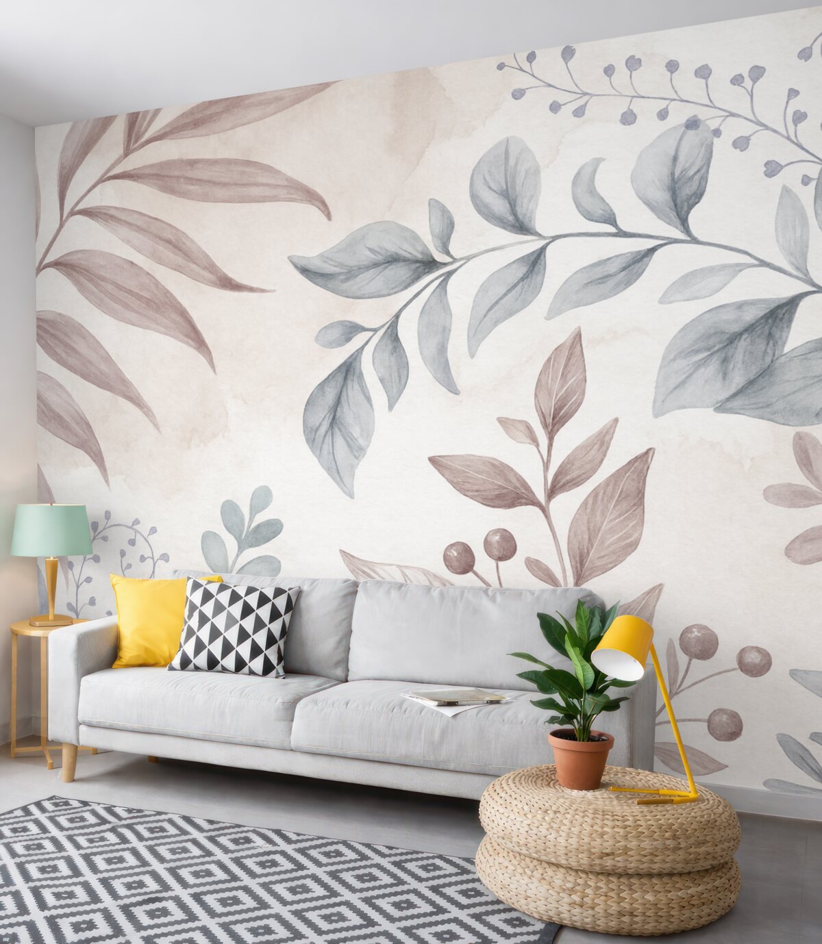 Fototapeta Roślinny wzór z liśćmi oraz kwiatowymi pędami w subtelnych pastelowych odcieniach, na akwarelowym tle.