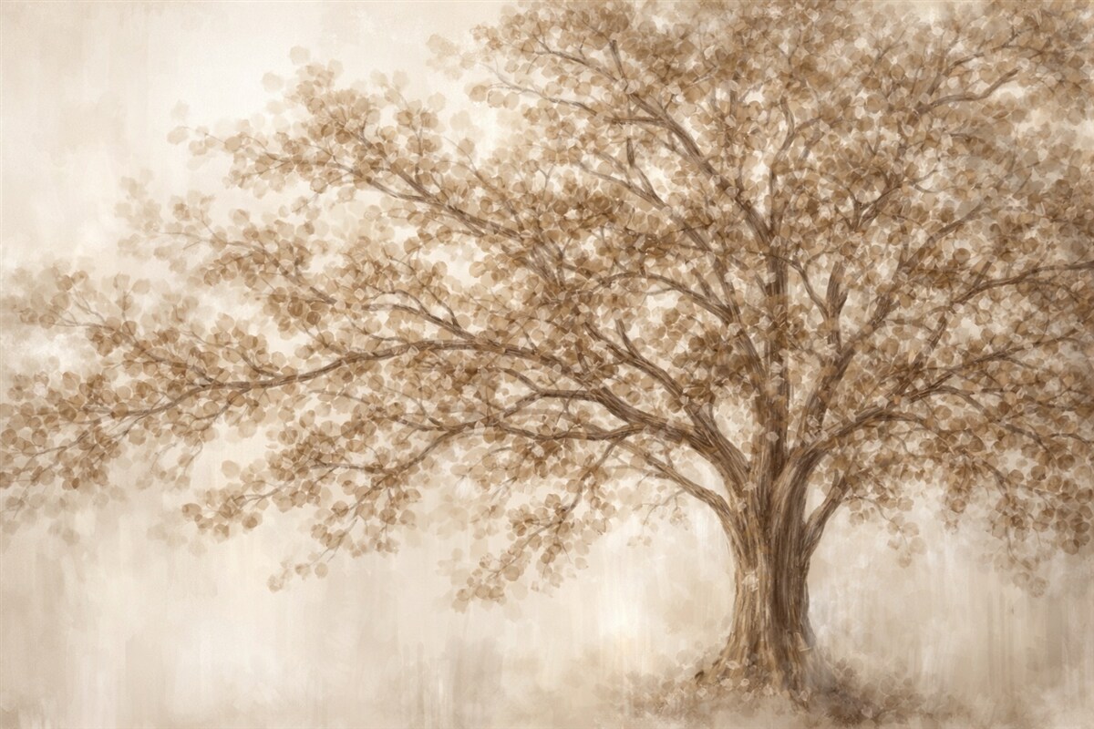 Fototapeta Wielkie drzewo z delikatnymi, abstrakcyjnymi liśćmi w odcieniu beżowym na jasnym, neutralnym tle uwydatniającym barwy drzewa.
