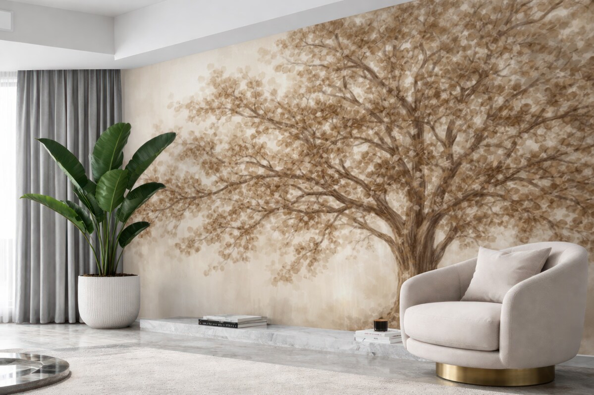 Fototapeta Wielkie drzewo z delikatnymi, abstrakcyjnymi liśćmi w odcieniu beżowym na jasnym, neutralnym tle uwydatniającym barwy drzewa.