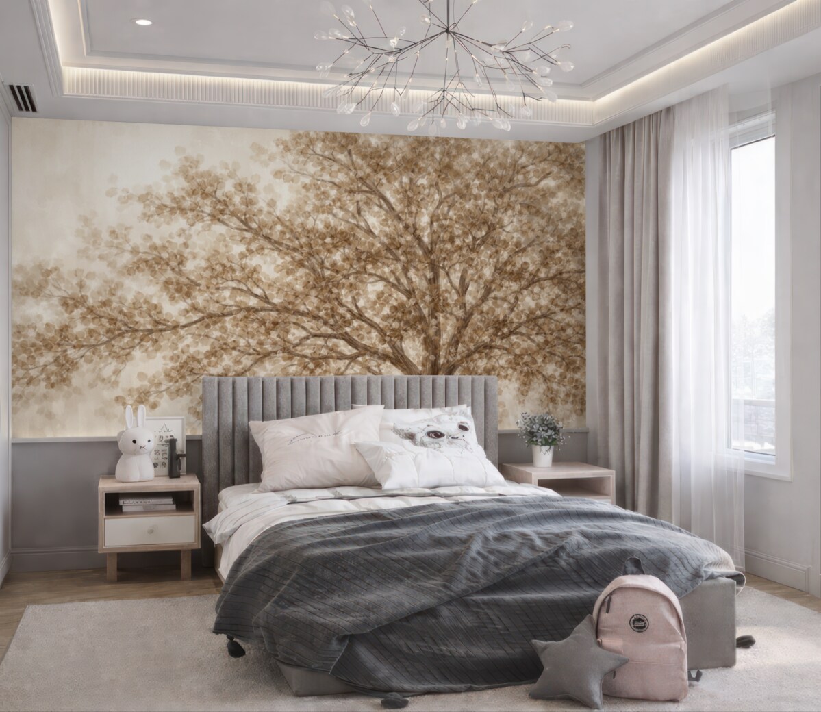 Fototapeta Wielkie drzewo z delikatnymi, abstrakcyjnymi liśćmi w odcieniu beżowym na jasnym, neutralnym tle uwydatniającym barwy drzewa.