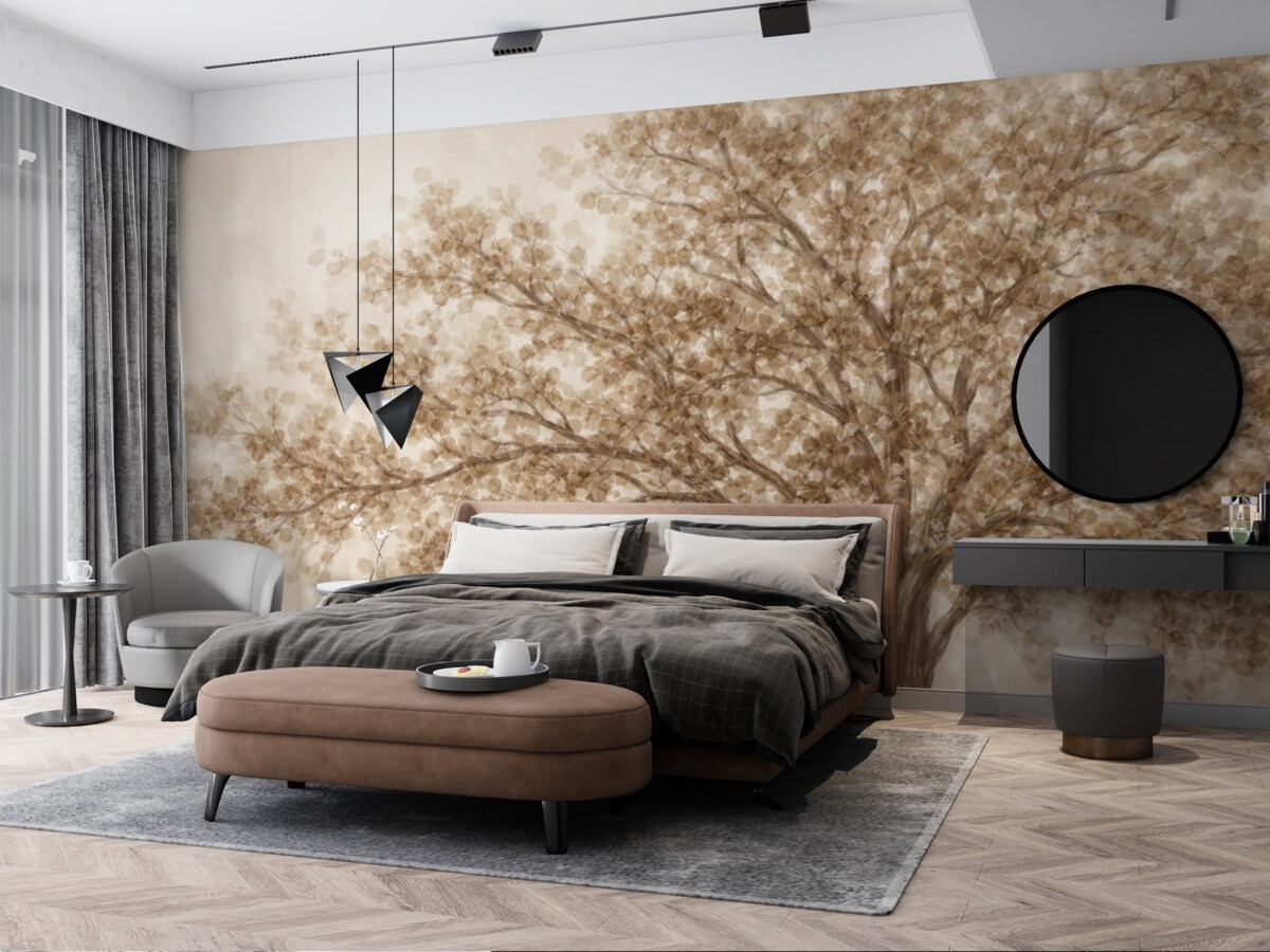 Fototapeta Wielkie drzewo z delikatnymi, abstrakcyjnymi liśćmi w odcieniu beżowym na jasnym, neutralnym tle uwydatniającym barwy drzewa.