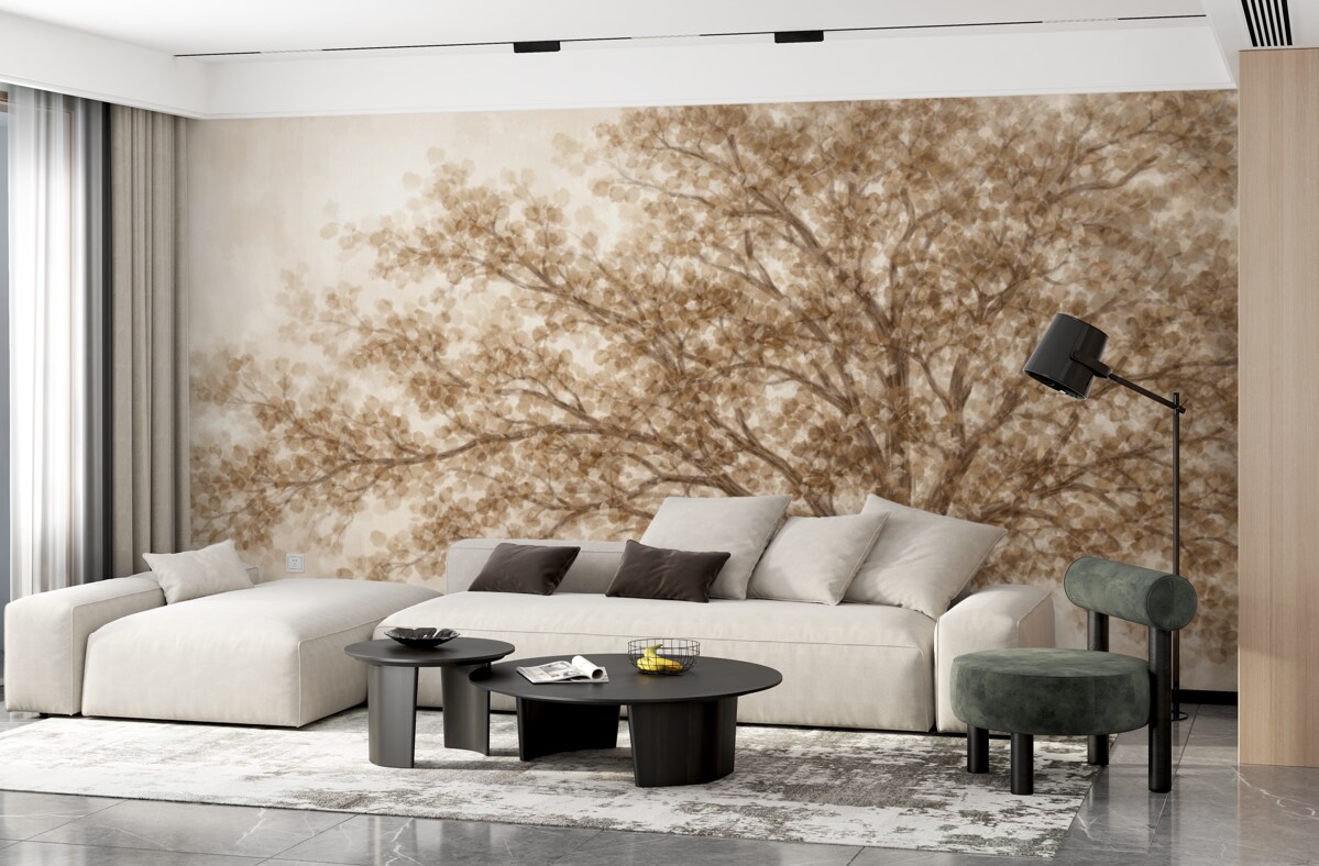 Fototapeta Wielkie drzewo z delikatnymi, abstrakcyjnymi liśćmi w odcieniu beżowym na jasnym, neutralnym tle uwydatniającym barwy drzewa.