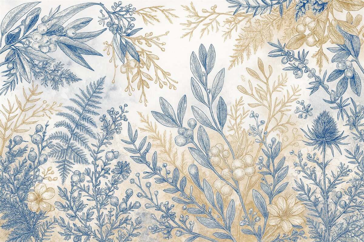 Fototapeta Kwiatowy wzór z niebieskimi i żółtymi motywami roślinnymi na jasnym, delikatnym tle z akwarelowymi efektami.