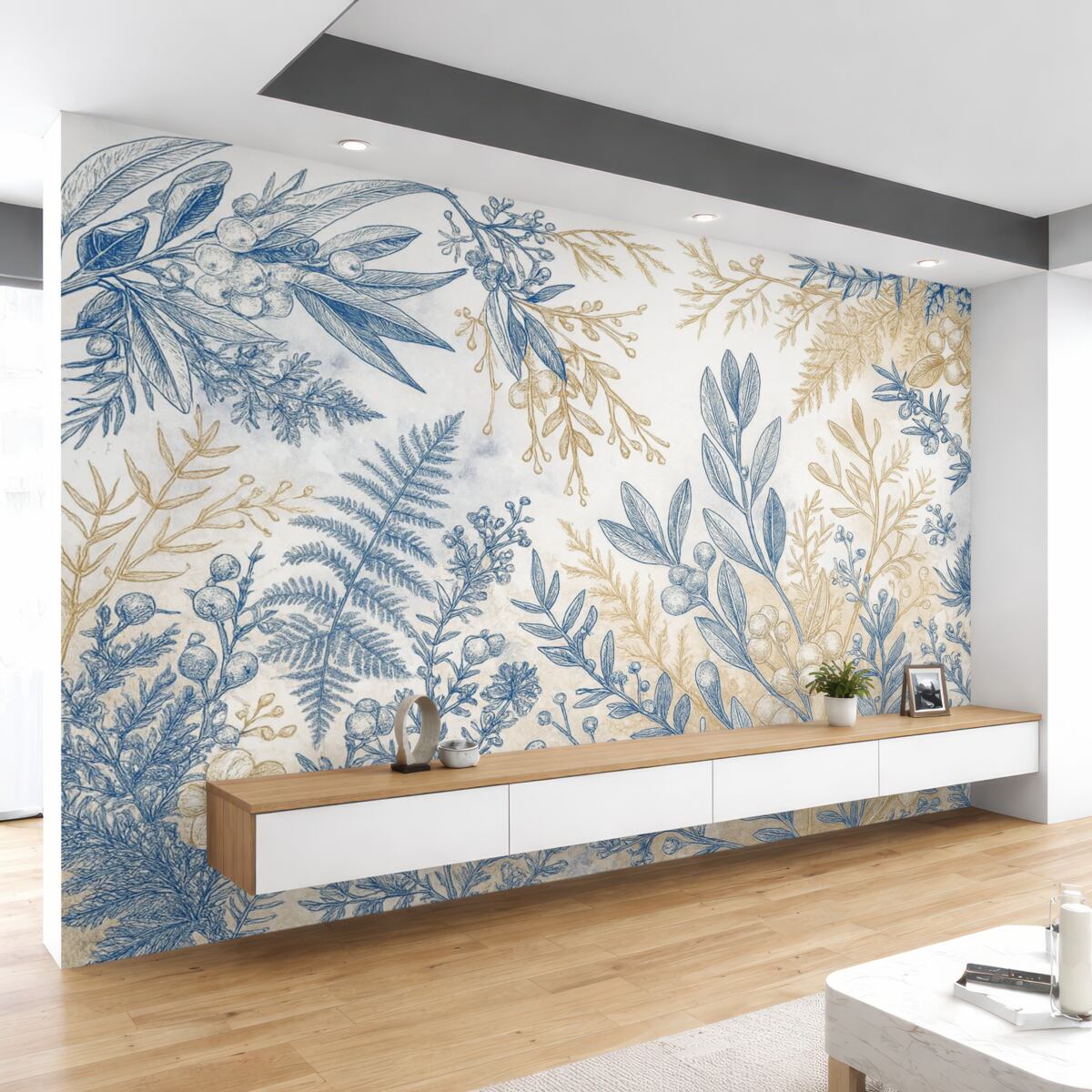 Fototapeta Kwiatowy wzór z niebieskimi i żółtymi motywami roślinnymi na jasnym, delikatnym tle z akwarelowymi efektami.