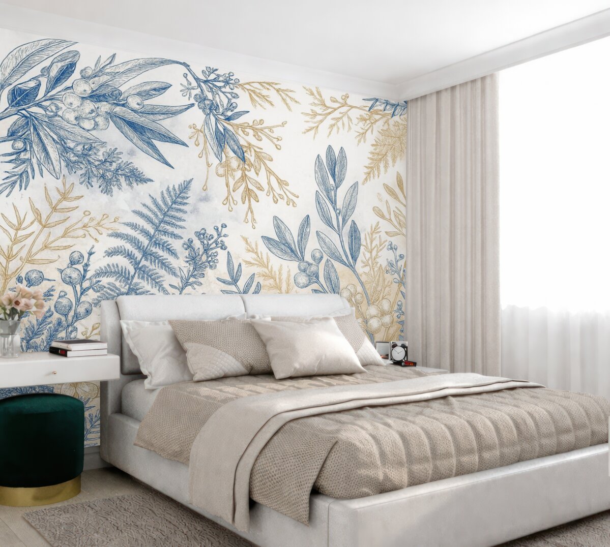 Fototapeta Kwiatowy wzór z niebieskimi i żółtymi motywami roślinnymi na jasnym, delikatnym tle z akwarelowymi efektami.