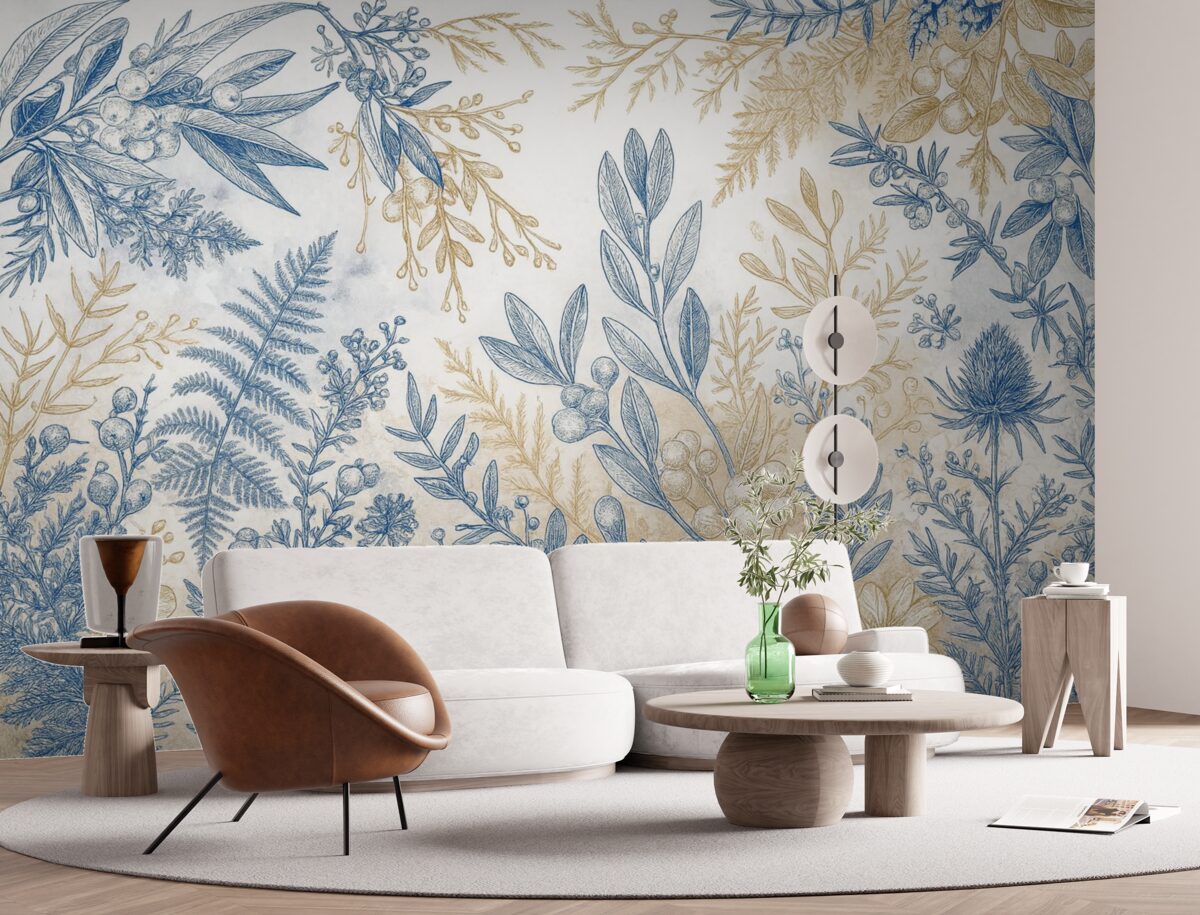 Fototapeta Kwiatowy wzór z niebieskimi i żółtymi motywami roślinnymi na jasnym, delikatnym tle z akwarelowymi efektami.