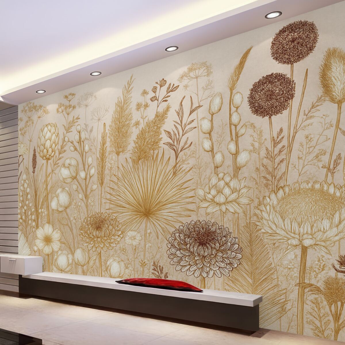 Fototapeta Kwiaty oraz rośliny w ciepłych tonacjach beżu w stylu botanicznym, ukazujące różnorodne formy i faktury.