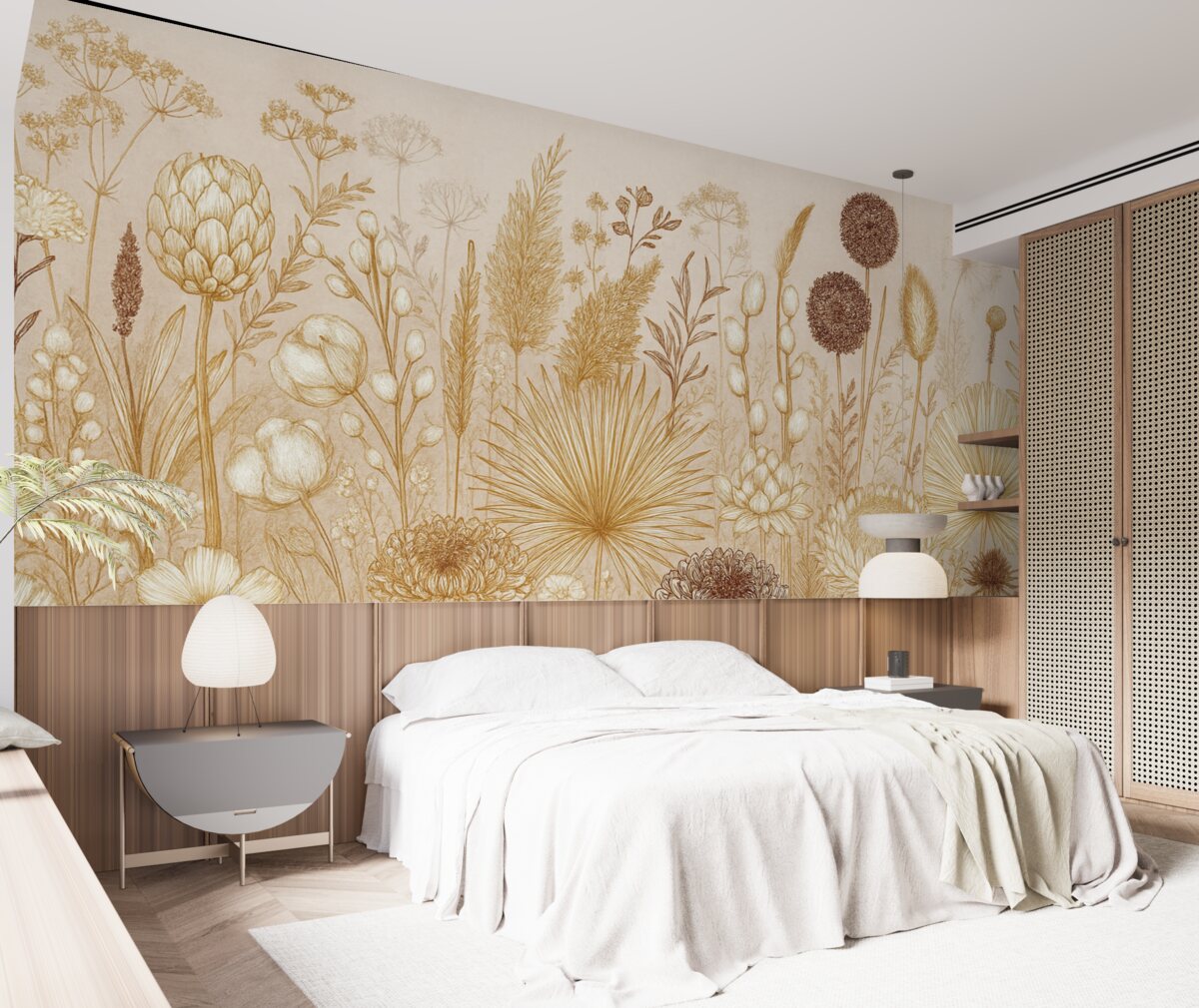 Fototapeta Kwiaty oraz rośliny w ciepłych tonacjach beżu w stylu botanicznym, ukazujące różnorodne formy i faktury.