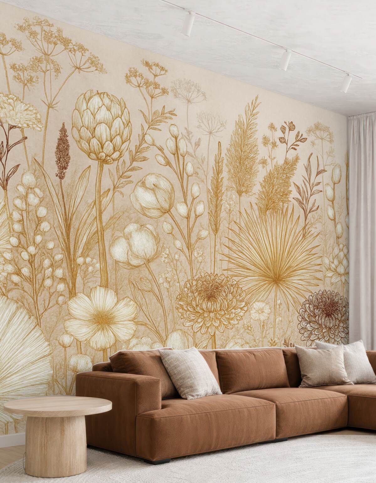 Fototapeta Kwiaty oraz rośliny w ciepłych tonacjach beżu w stylu botanicznym, ukazujące różnorodne formy i faktury.