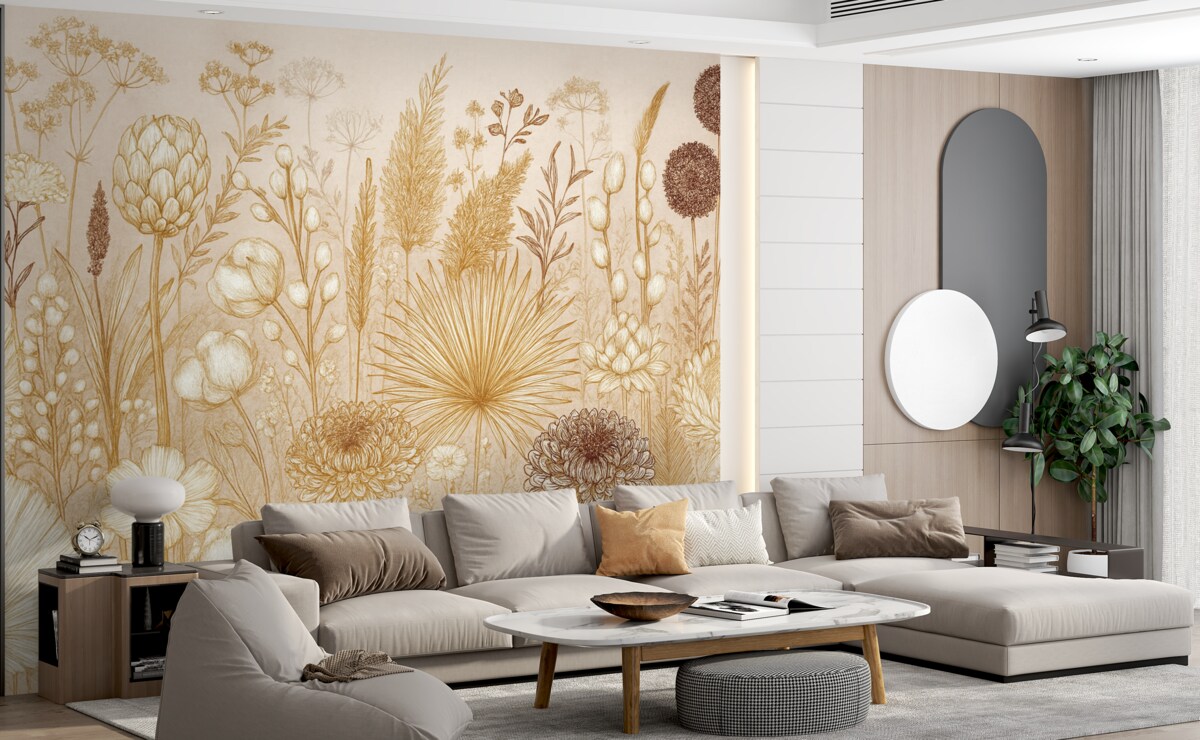 Fototapeta Kwiaty oraz rośliny w ciepłych tonacjach beżu w stylu botanicznym, ukazujące różnorodne formy i faktury.