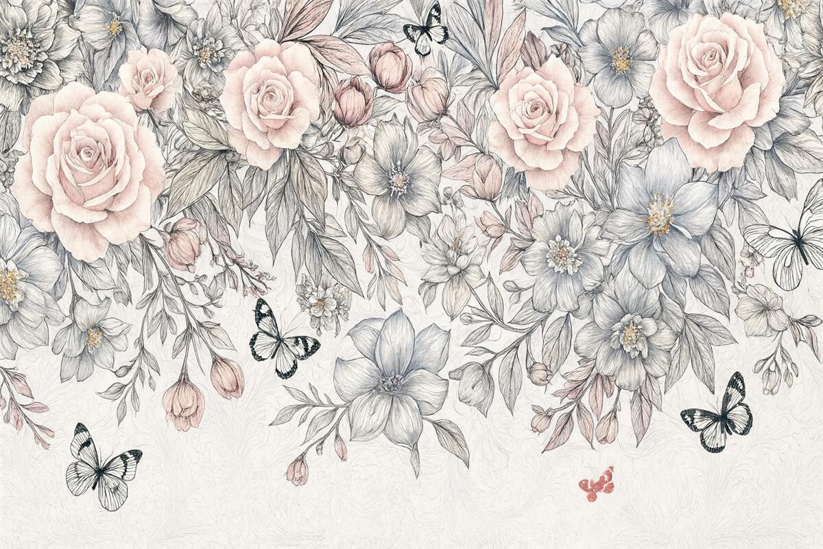 Fototapeta Kwiatowy rysunek z różowymi różami oraz innymi kwiatami i motylami, stworzony misterną kreską na fakturowanym tle.