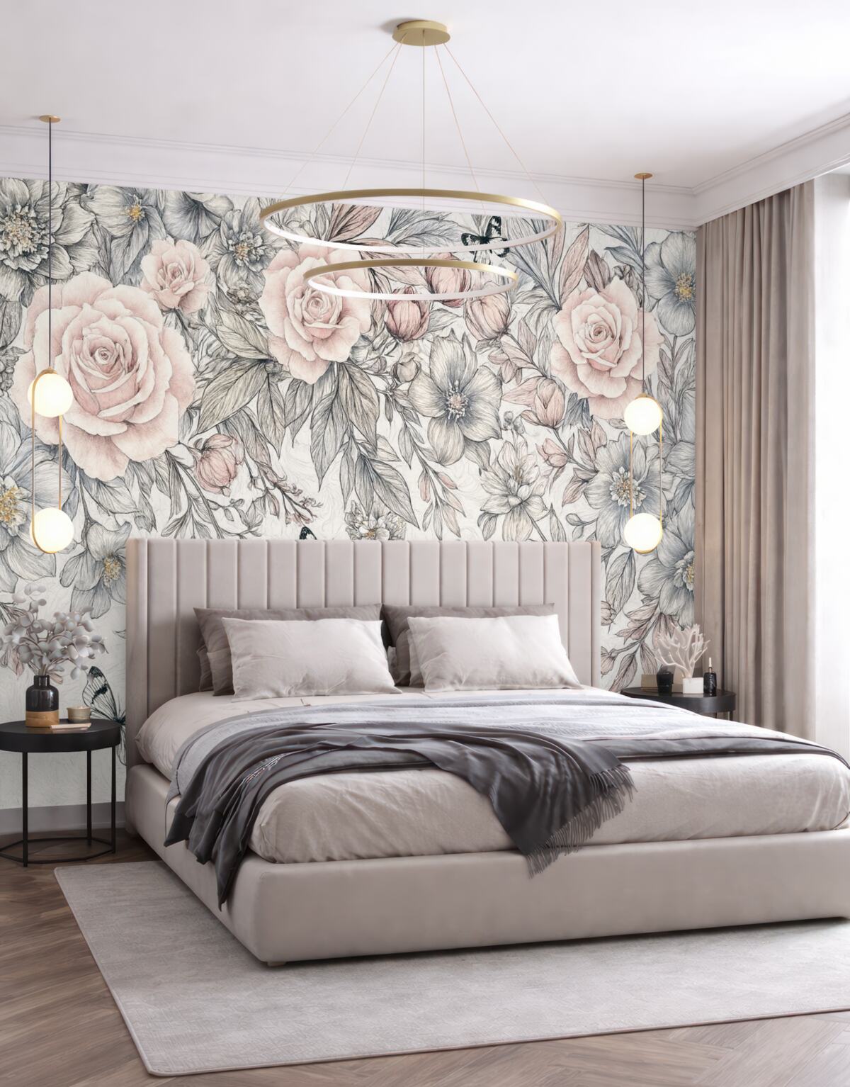 Fototapeta Kwiatowy rysunek z różowymi różami oraz innymi kwiatami i motylami, stworzony misterną kreską na fakturowanym tle.