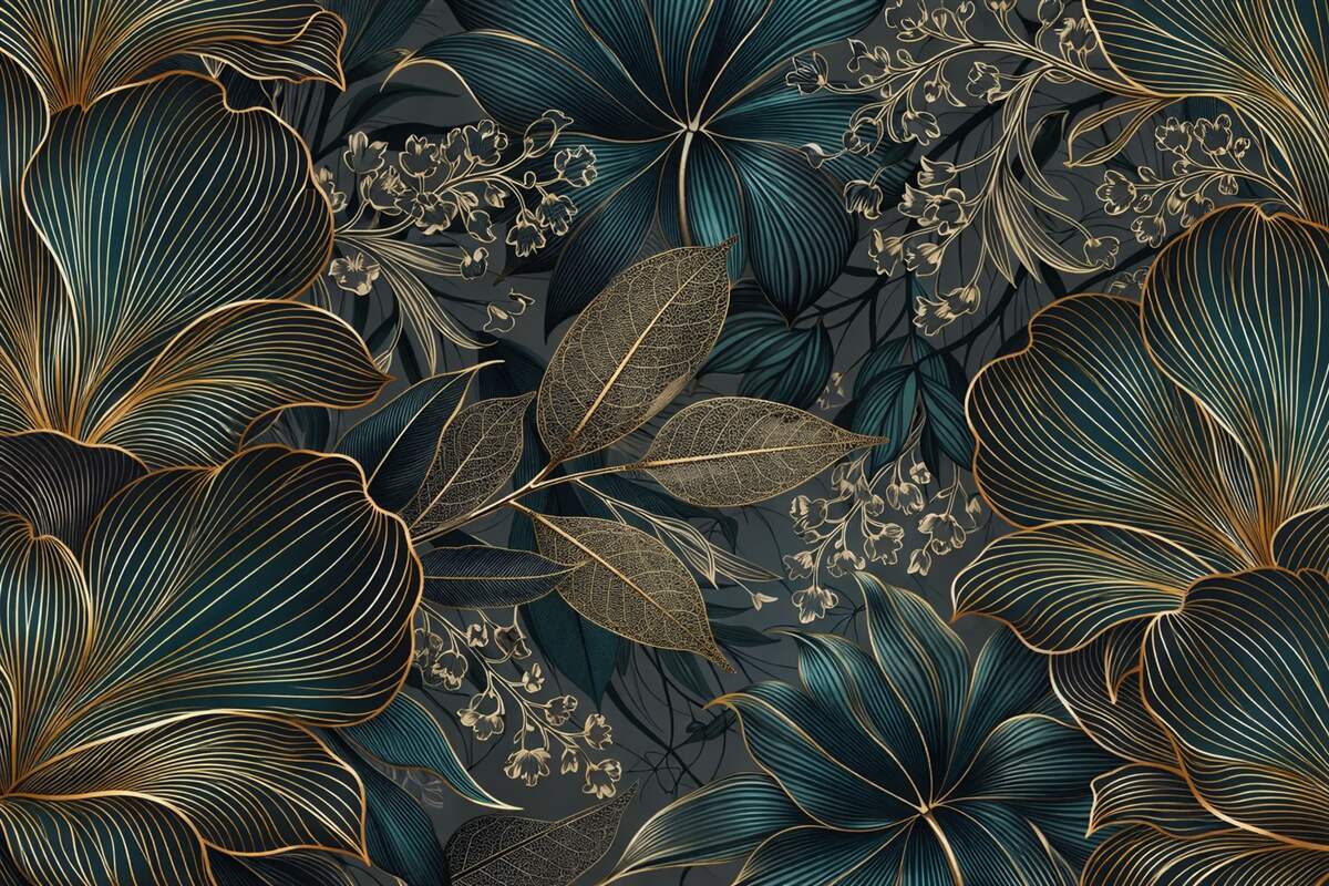 Fototapeta Dekoracyjne kwiaty i liście z finezyjnymi kształtami w tonach turkusowych i żółtych na ciemnym tle.