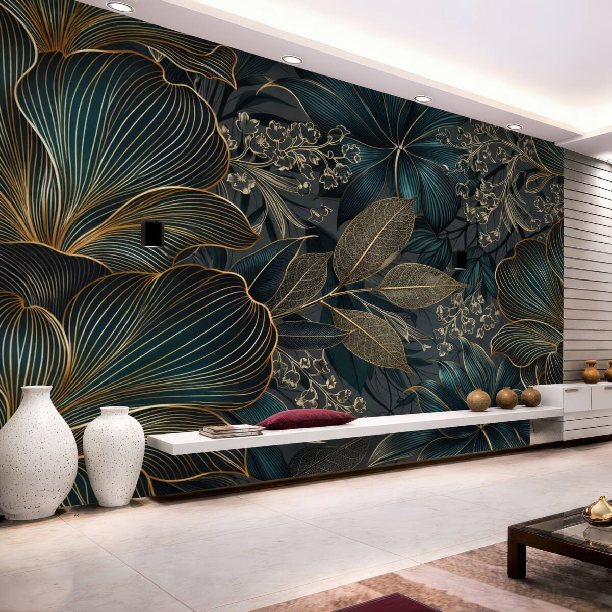 Fototapeta Dekoracyjne kwiaty i liście z finezyjnymi kształtami w tonach turkusowych i żółtych na ciemnym tle.