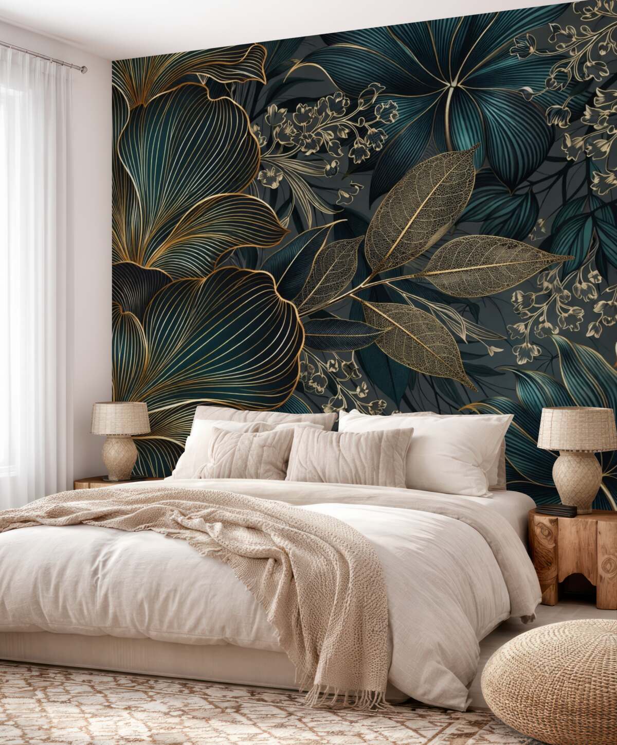 Fototapeta Dekoracyjne kwiaty i liście z finezyjnymi kształtami w tonach turkusowych i żółtych na ciemnym tle.