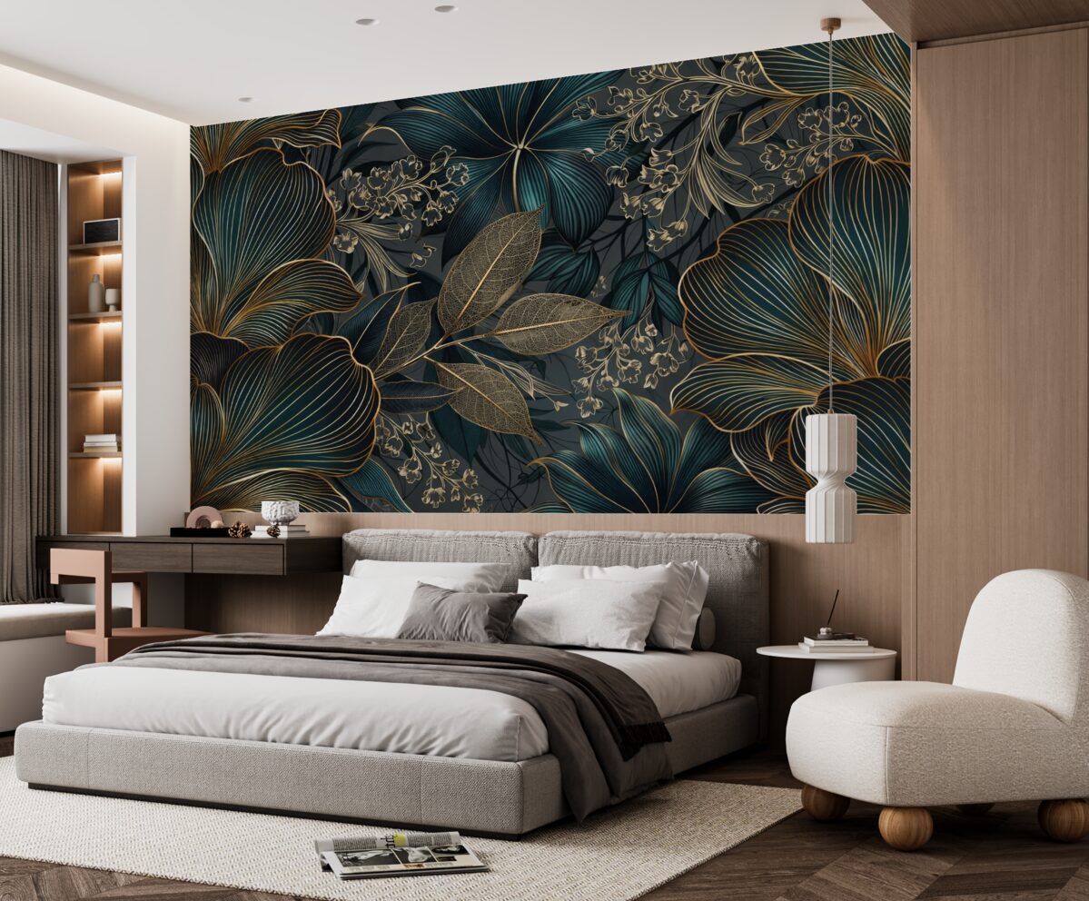 Fototapeta Dekoracyjne kwiaty i liście z finezyjnymi kształtami w tonach turkusowych i żółtych na ciemnym tle.