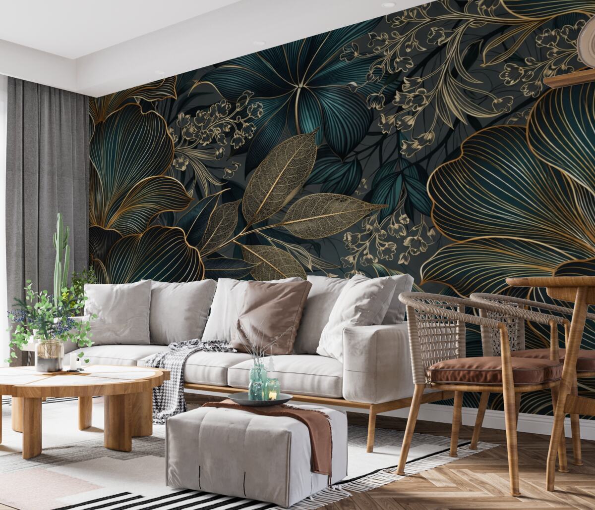 Fototapeta Dekoracyjne kwiaty i liście z finezyjnymi kształtami w tonach turkusowych i żółtych na ciemnym tle.