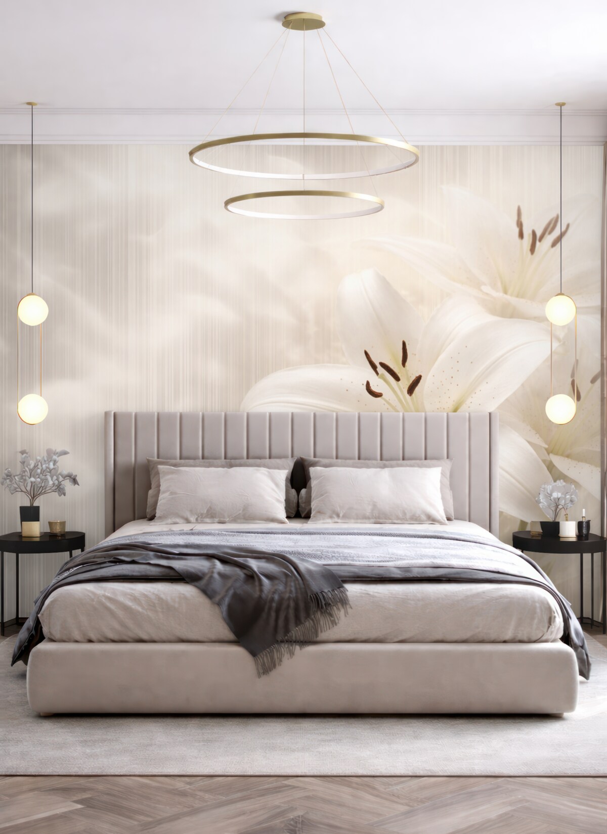 Fototapeta Subtelne beżowe lilie na tle prostokątnych pasów.