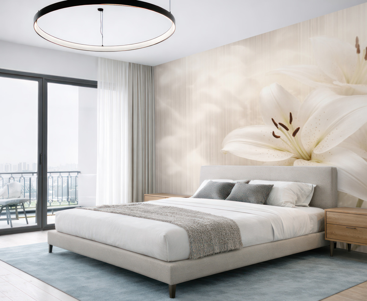 Fototapeta Subtelne beżowe lilie na tle prostokątnych pasów.