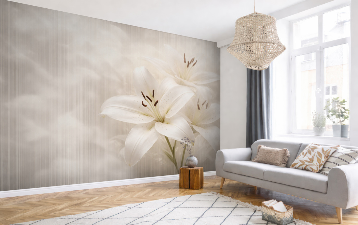 Fototapeta Subtelne beżowe lilie na tle prostokątnych pasów.