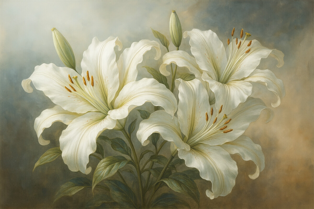 Fototapeta Stylowe białe lilie w pastelowych kolorach z powierzchnią przypominającą ślady pędzla.