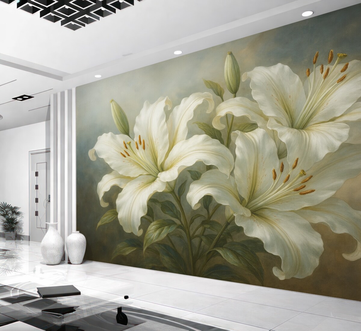 Fototapeta Stylowe białe lilie w pastelowych kolorach z powierzchnią przypominającą ślady pędzla.