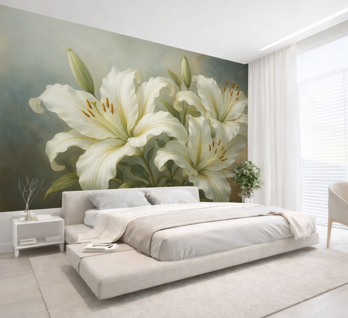 Fototapeta Stylowe białe lilie w pastelowych kolorach z powierzchnią przypominającą ślady pędzla.