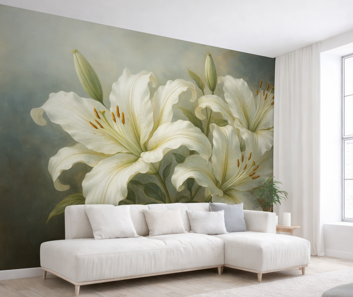 Fototapeta Stylowe białe lilie w pastelowych kolorach z powierzchnią przypominającą ślady pędzla.
