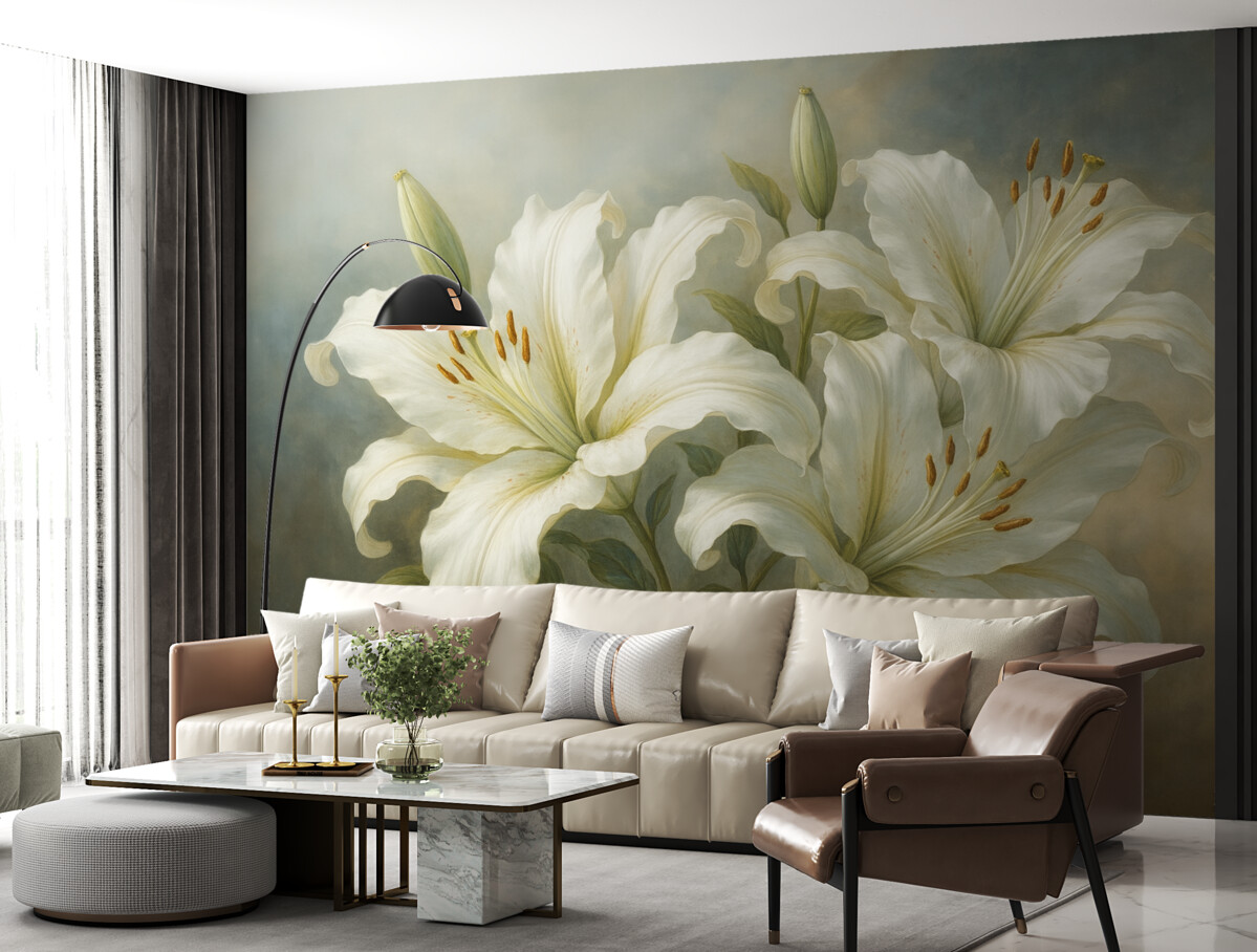 Fototapeta Stylowe białe lilie w pastelowych kolorach z powierzchnią przypominającą ślady pędzla.