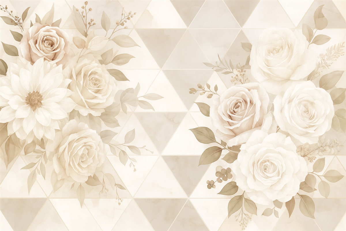 Fototapeta Róże i piwonie w bukietach na wzorzystym tle w jasnych tonach beżu.