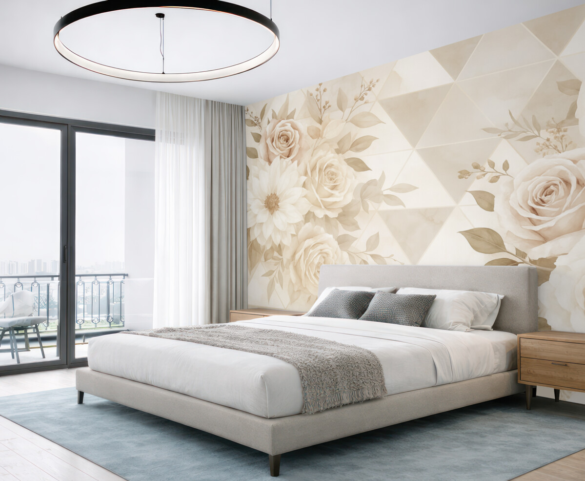 Fototapeta Róże i piwonie w bukietach na wzorzystym tle w jasnych tonach beżu.