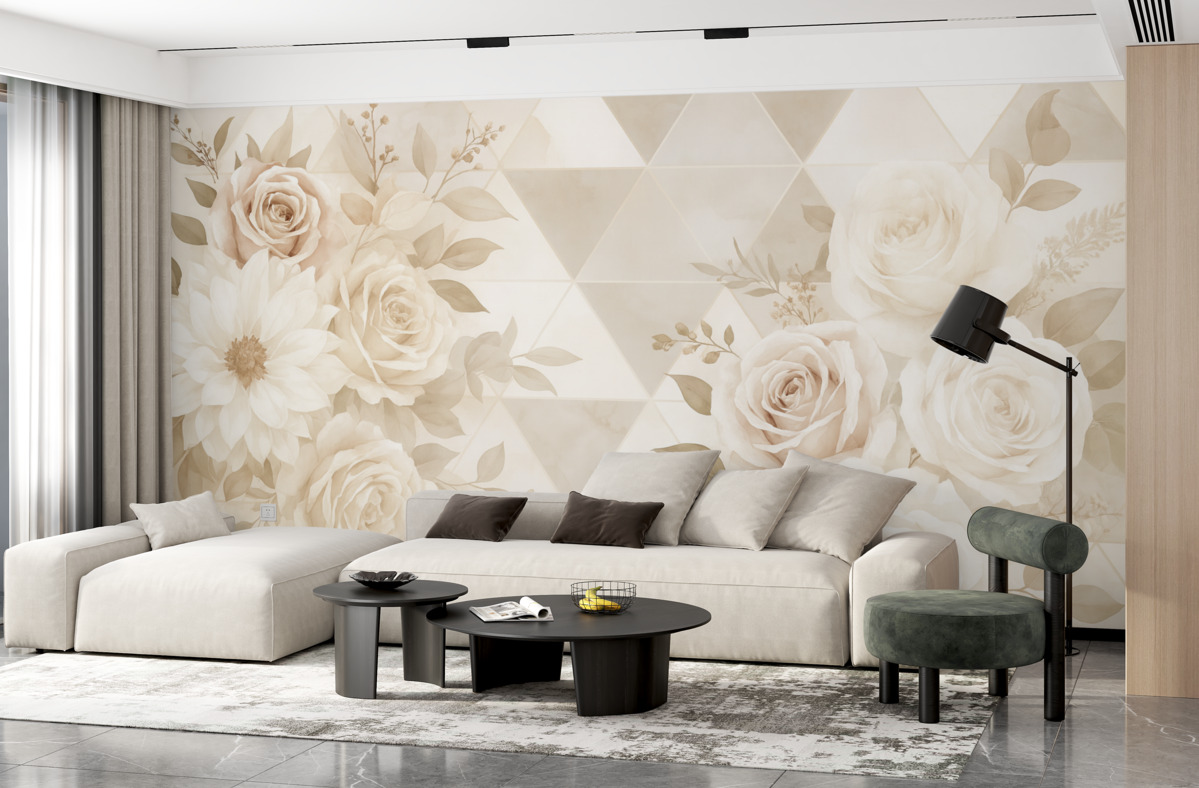 Fototapeta Róże i piwonie w bukietach na wzorzystym tle w jasnych tonach beżu.