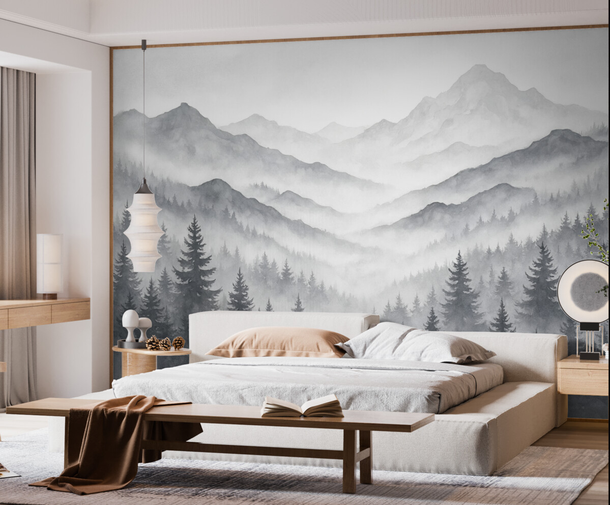 Fototapeta Cichy górski pejzaż z zamglonymi lasami w subtelnych tonach szarości i błękitu.