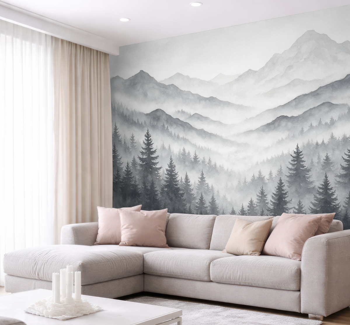 Fototapeta Cichy górski pejzaż z zamglonymi lasami w subtelnych tonach szarości i błękitu.