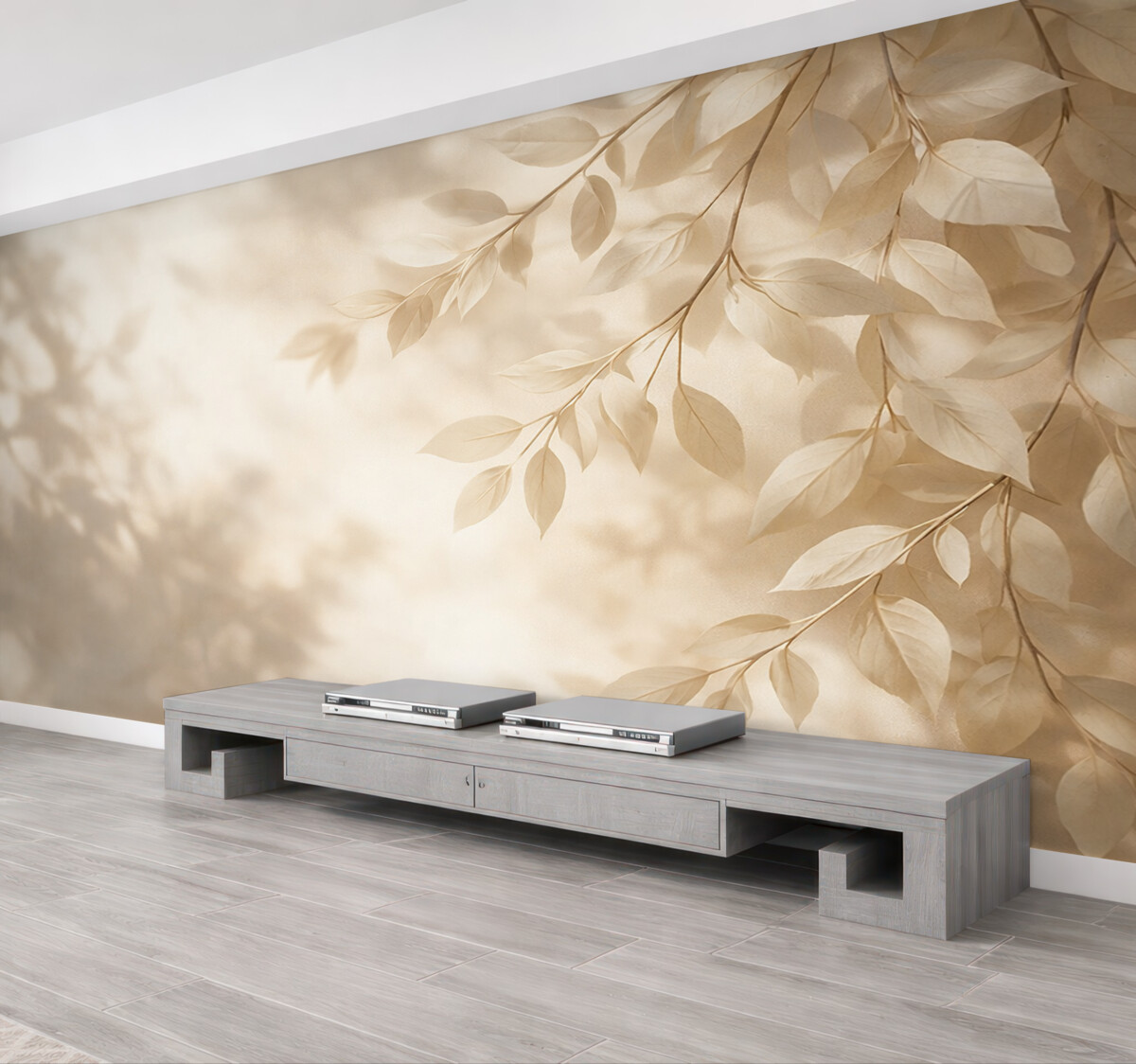 Fototapeta Żółte konary drzew na beżowym tle ściany.